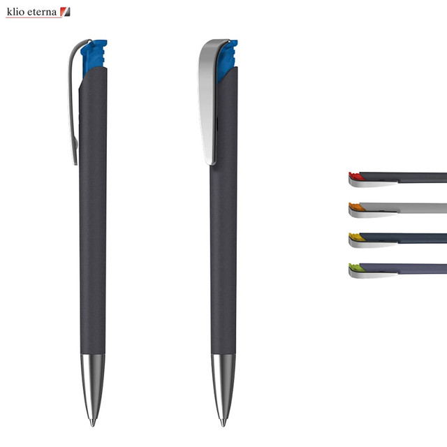 A plastic pen with a soft grip in grey and blue, featuring a silver clip and four additional pen colour options.