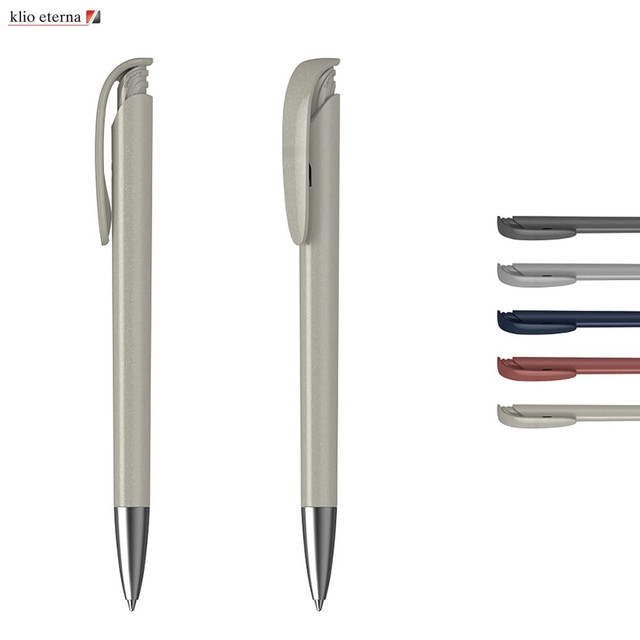 A metallic plastic pen in a muted grey colour, featuring a clip and a shiny silver tip, alongside various coloured caps.
