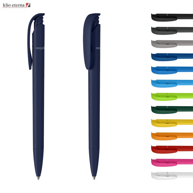 A navy blue plastic pen with a clip, accompanied by various colourful pen options on the right.