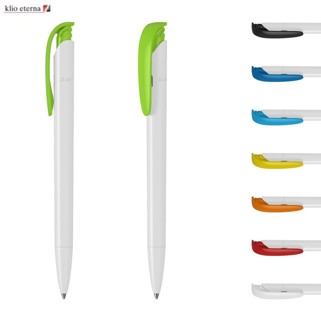 Plastic pens in white with a green clip, alongside various other coloured clips in blue, orange, black, and grey.