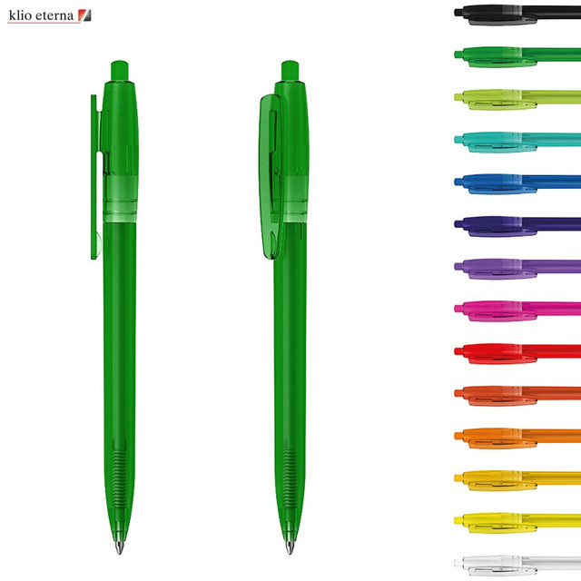 A green plastic pen with a transparent body, alongside a variety of other coloured pens in different shades.