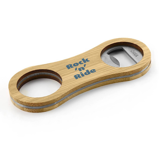 A drink bottle opener key ring made of bamboo with a stainless steel opener and a logo.