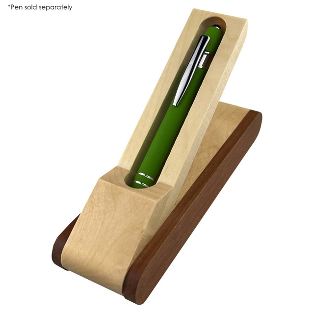 A wooden pen stand in natural and dark brown tones, featuring a slot for a green pen. Includes a logo.