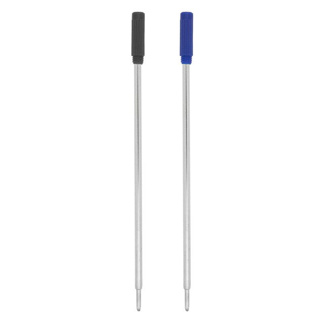 Metal cross-type refills in silver with black and blue plastic caps. Includes two refill options for writing instruments.