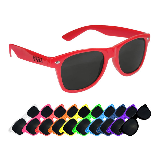 A pair of red sunglasses with dark lenses and various other coloured sunglasses arranged below. The design includes a logo on the side.