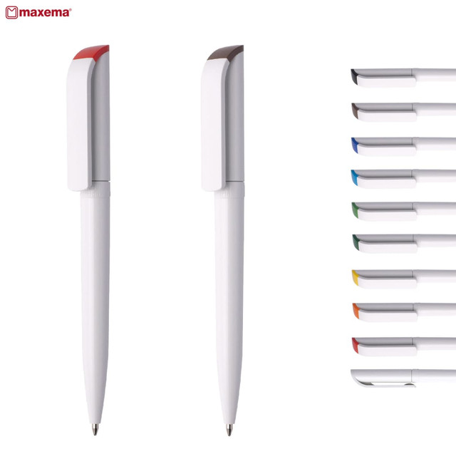A collection of plastic pens in various colours, featuring a white body and a clip with contrasting caps.