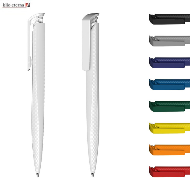 A white plastic pen with a sleek design, accompanied by clips in various colours: green, blue, red, yellow, orange, and grey.