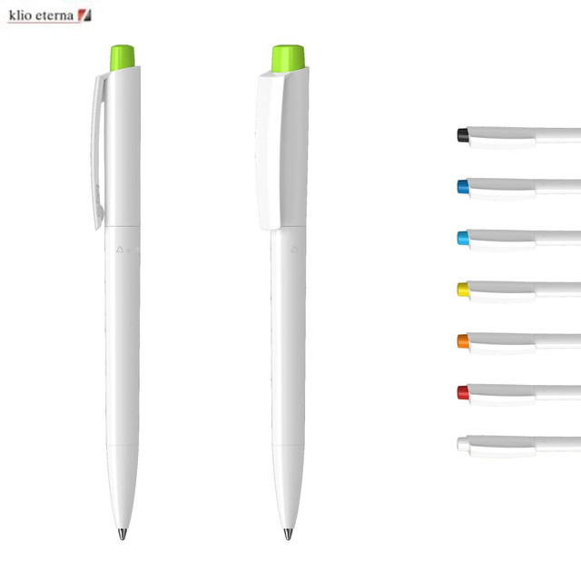 A white plastic pen with a green cap and clip, featuring multiple ink refills in various colours. It has a simple branding logo.