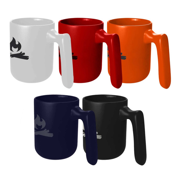 A set of Bonfire Coffee Mugs in white, red, orange, navy, and black, featuring a handle and logo.