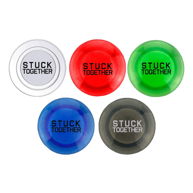 Five plastic button magnets in assorted colours: clear, red, green, blue, and black. Each has a logo on the surface.
