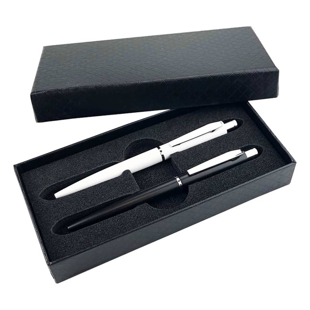 A black gift box containing a black metal pen and a white metal pen, both resting on a foam insert.