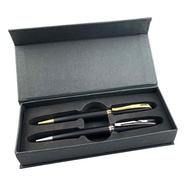 A black and gold metal pen gift set displayed in a grey box, featuring two pens with a logo.