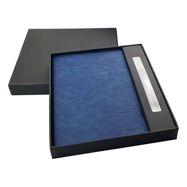 A navy notebook and pen set presented in a black gift box, featuring a sleek design and a logo.