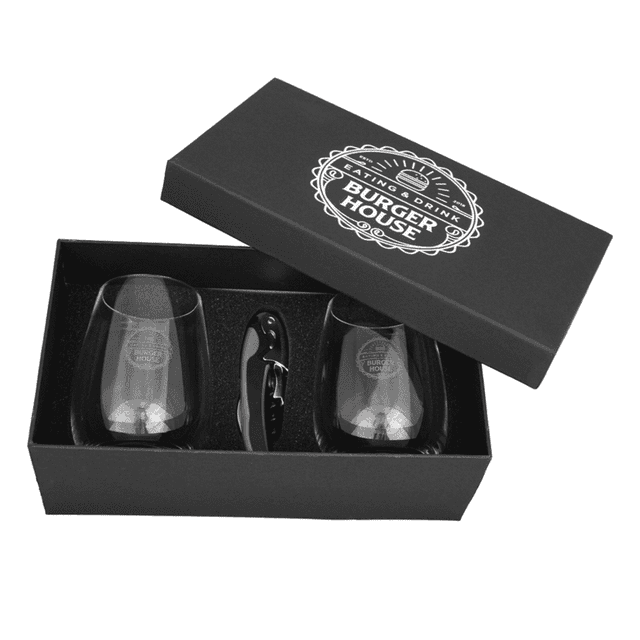 A wine glass set featuring two clear glasses and a corkscrew, presented in a black gift box with a logo.