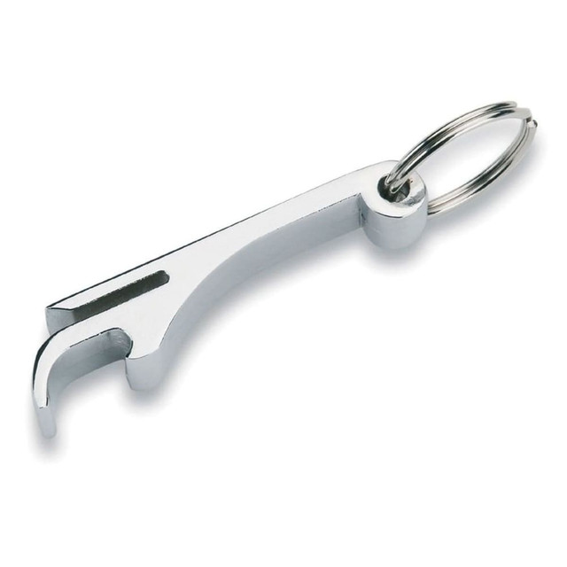A drink bottle opener keyring in shiny silver metal, featuring a simple design with a keyring attachment.