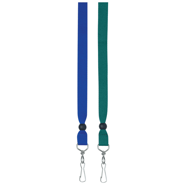 A blue and green ribbon lanyard, 15mm wide, featuring metal clips at both ends and a design for events.