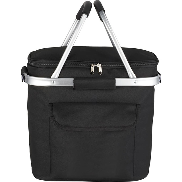 A black picnic cooler bag with a zippered top, featuring an aluminium handle and a front pocket.