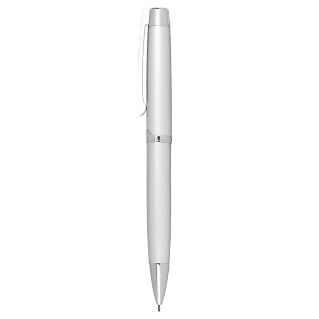 A white smooth twist action mechanical pencil with a sleek design and a silver clip. Features a logo on the barrel.