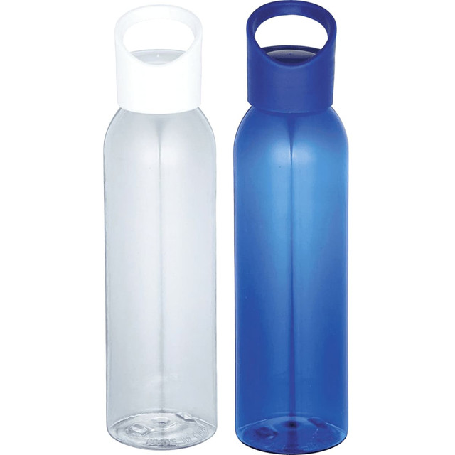 A drink bottle set featuring a clear bottle with a white lid and a blue bottle with a blue lid. Each bottle has a logo.