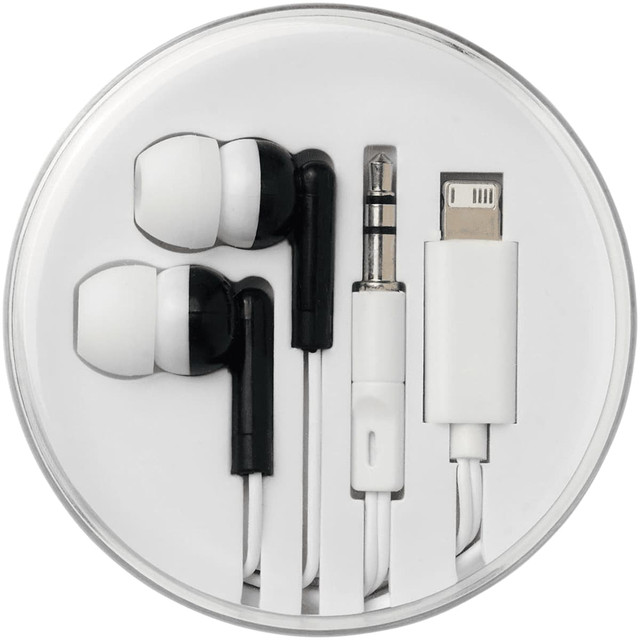 Wired earbuds with multi-tips in black and white, packaged in a clear circular case with a logo.