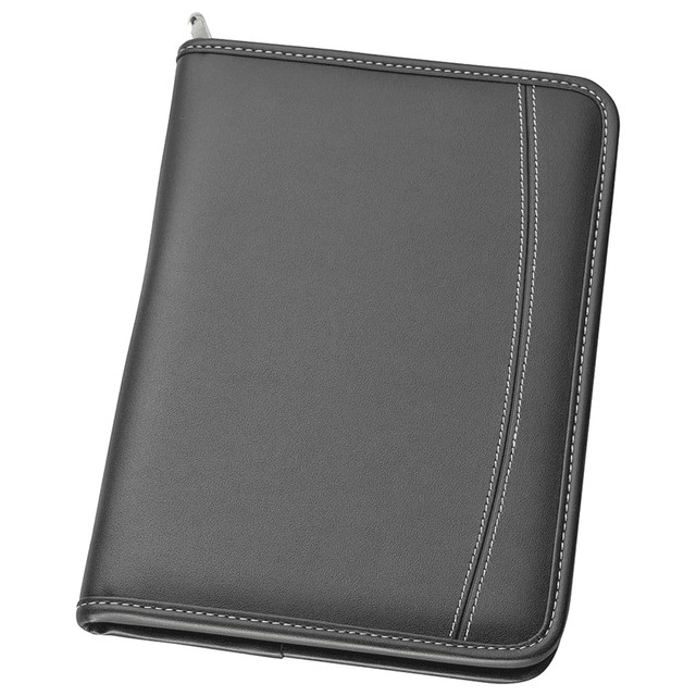 A5 zippered compendium in black with stitched detailing and a sleek design. Features a logo.