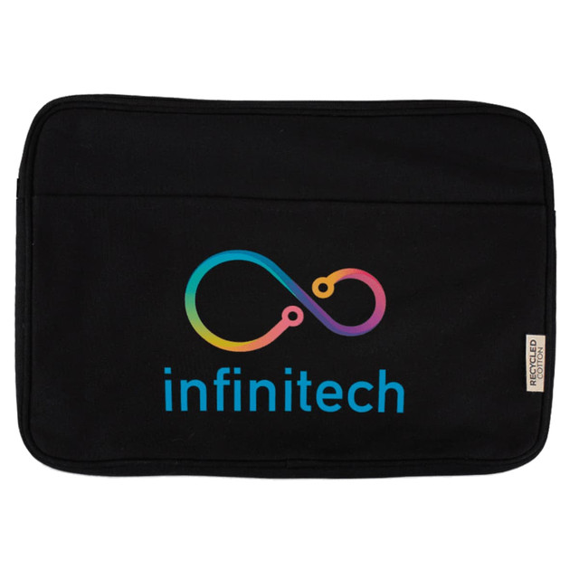 A black recycled canvas laptop sleeve featuring a colourful logo and a zippered pocket. Suitable for a 16" laptop.