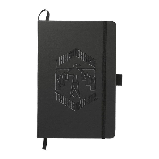 A black A5 journal with an embossed logo, featuring an elastic band and a ribbon marker.