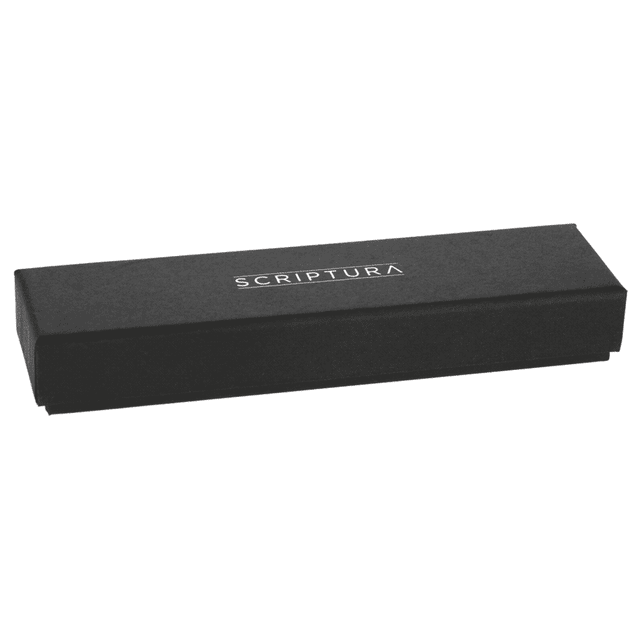 A black gift box for the Scriptura pen, featuring a sleek design and a branding logo on the top.