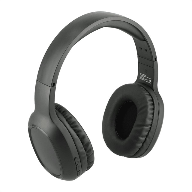 Black Bluetooth headphones with soft ear cushions and adjustable headband, featuring a simple design and a logo.