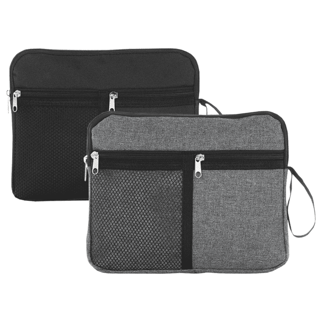 A multi-purpose travel bag in black and grey, with multiple zippered pockets and a stylish design.