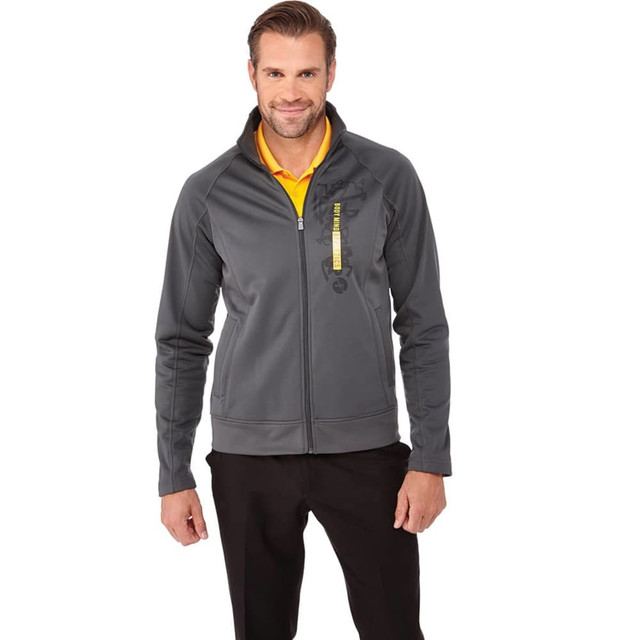 A grey knit jacket with a zip, featuring a logo, worn by a man standing against a plain background.