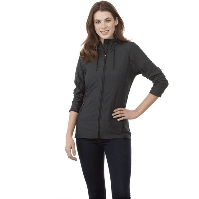 A women's Kaiser Knit Jacket in dark grey, featuring a zip front and a hoodie, styled with fitted sleeves.