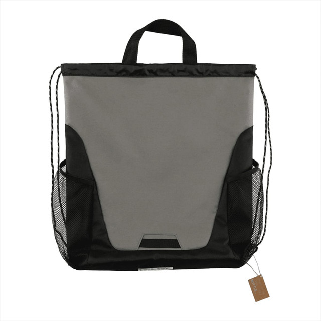 A grey and black drawstring bag with mesh side pockets and a top handle, featuring a logo.