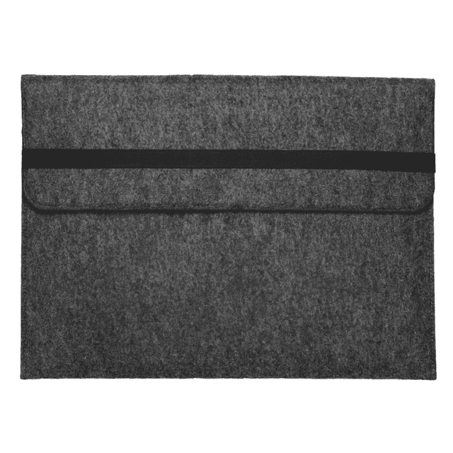 A grey felt laptop sleeve with a black elastic band for closure, featuring a simple design and a logo.