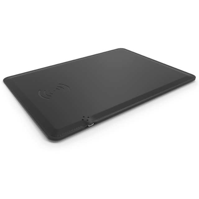 A black wireless charging mouse pad with a logo, designed for charging compatible devices.