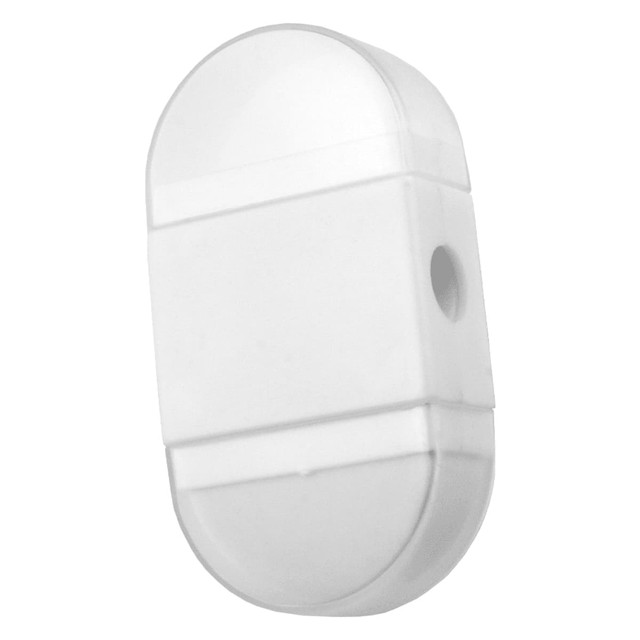 A white pencil sharpener with eraser, featuring a rounded design and a small hole for pencil insertion.
