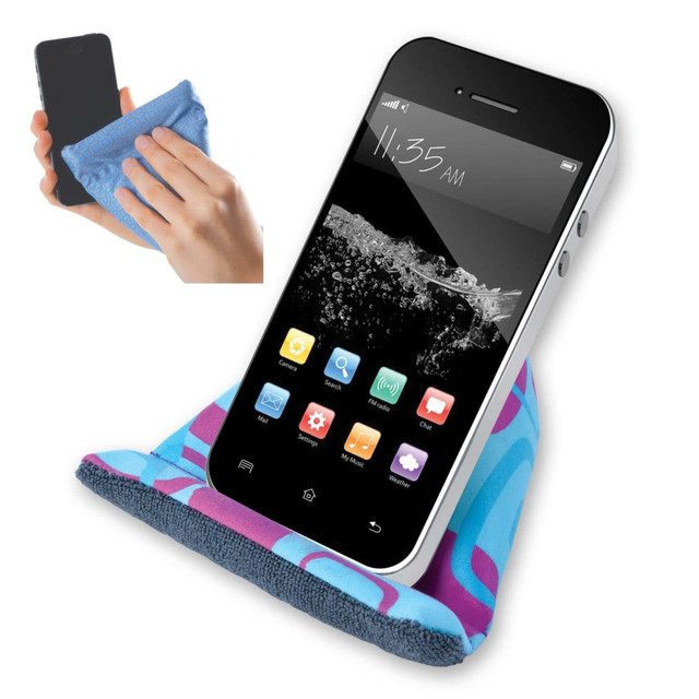 A microfiber bean bag phone chair in blue and pink, holding a smartphone and used for cleaning.