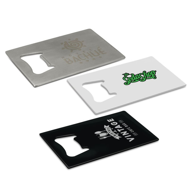 A drink bottle opener featuring a sleek metal design in silver, white, and black with various logos.