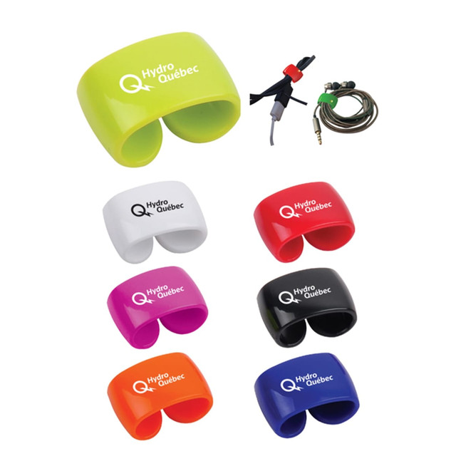 A set of cable organisers in various colours: green, white, pink, black, orange, and purple, featuring a logo.