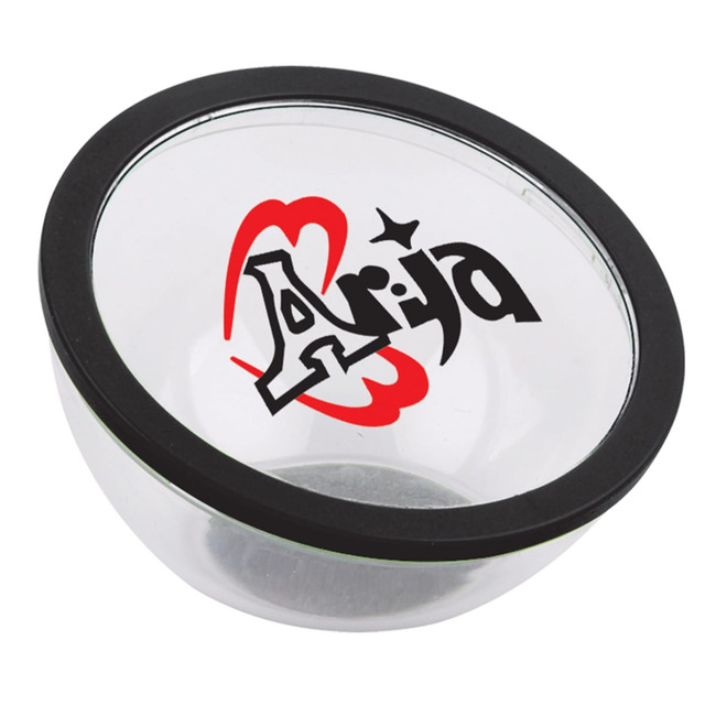 A clear bowl with a black rim and a logo printed on the side.