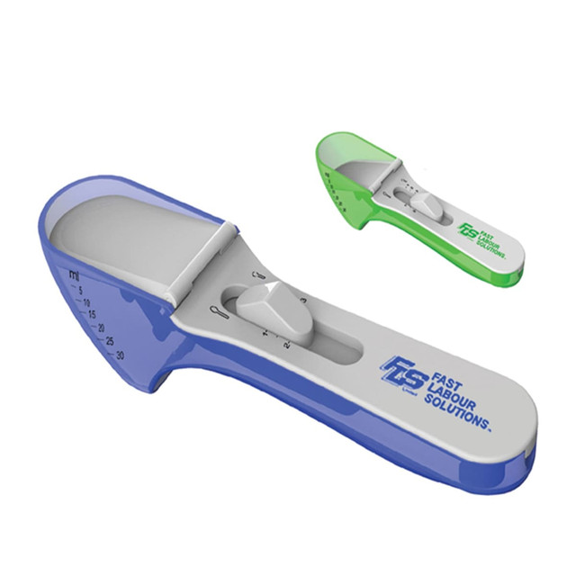 A blue and green measuring scoop with a rotary dial, featuring a logo on the handle.