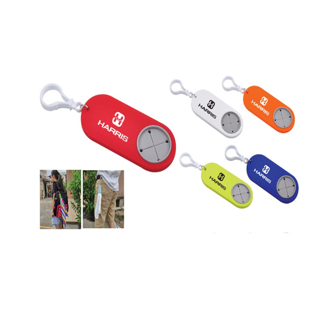 A set of towel holders in red, white, green, orange, and blue, featuring an attached clip and a logo.