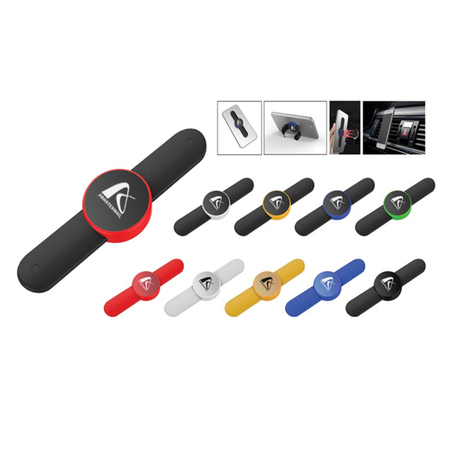 A collection of mobile stands in various colours, including black, red, yellow, blue, green, and white, with a logo.