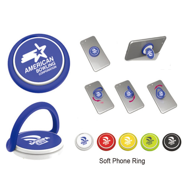 A soft phone ring stand in various colours, including blue, white, yellow, and green, with a branding logo.