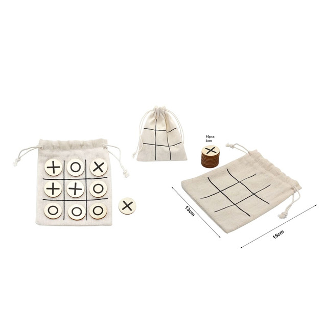 A set of tic-tac-toe game pieces in a cream drawstring bag, featuring wooden X and O discs and an additional cloth bag.