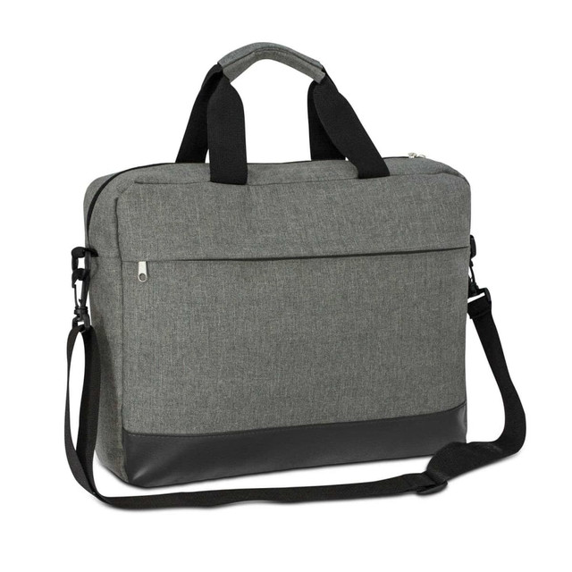 A grey business satchel with black accents, featuring a shoulder strap and top handles, along with a logo.
