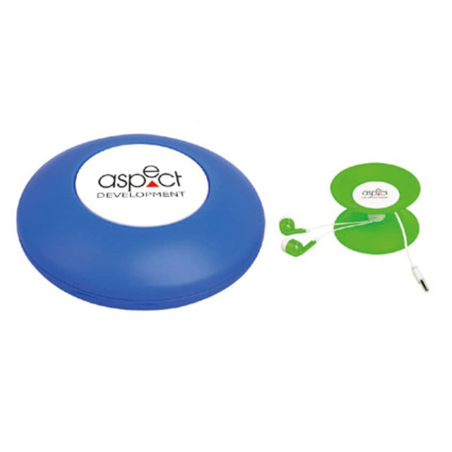 A blue case containing green earbuds, featuring a logo on the top part of the case.