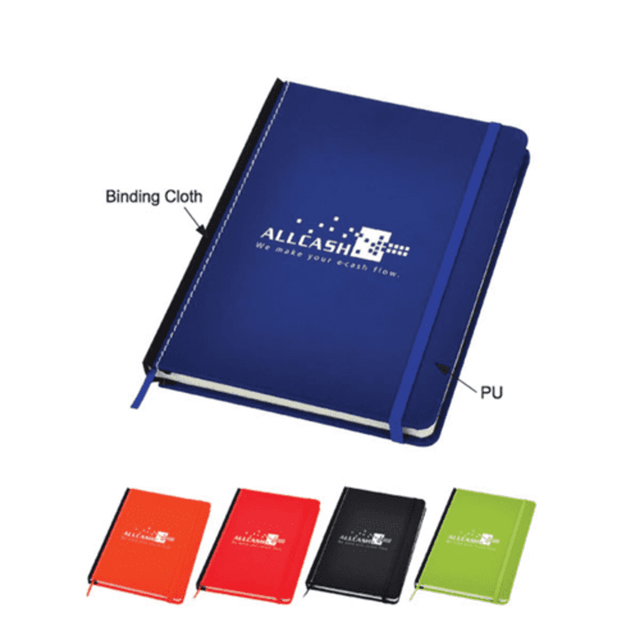 A blue notebook with a binding cloth cover, featuring a logo, available in red, black, green, and orange.