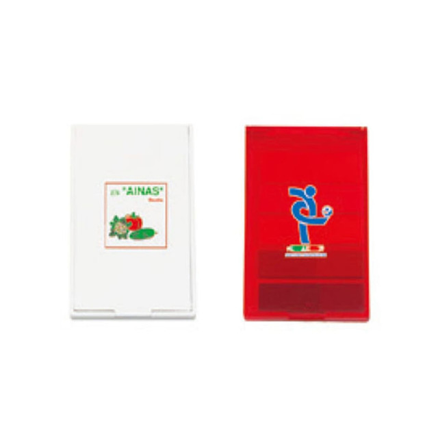 A white and a red memo holder, both featuring logos, designed for office use.