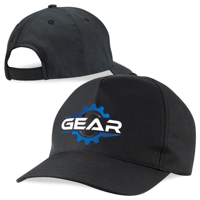 A black polycotton cap featuring a logo on the front and an adjustable strap at the back.